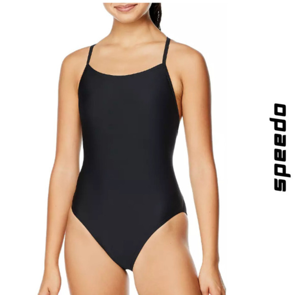 Speedo NWT One Piece Thin Strap Criss-Cross Strappy Back Black Swim Suit XS‎